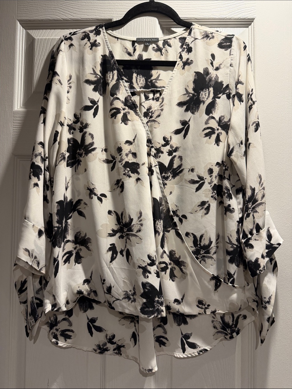 West Kei Black & White Floral Wrap Blouse